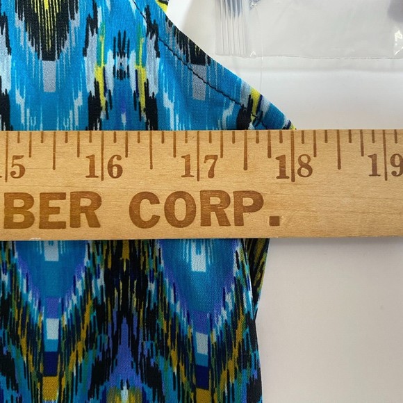 Ronni Nicole Blue/Green/Yellow Geometric Print Cap Sleeve Sheath Dress Size 6 - Picture 12 of 12